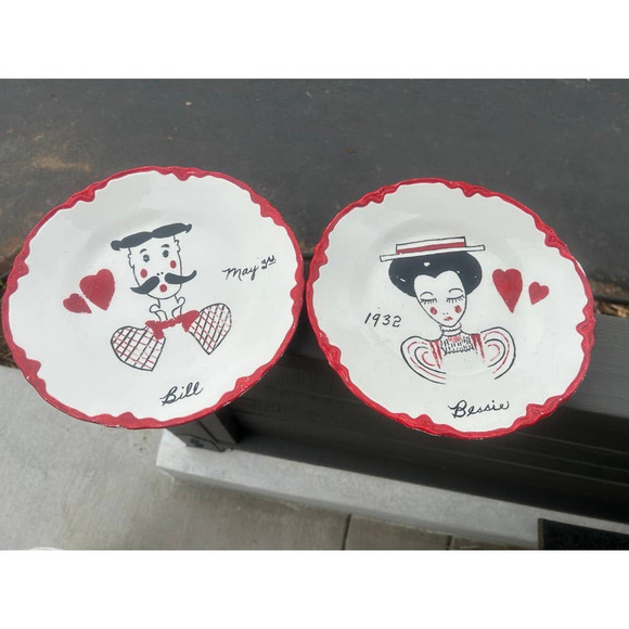 Vintage Kitchen Plates Portrait Folk Art Hand Decorated Set of 2 'Bill & Bessie' - Picture 1 of 5